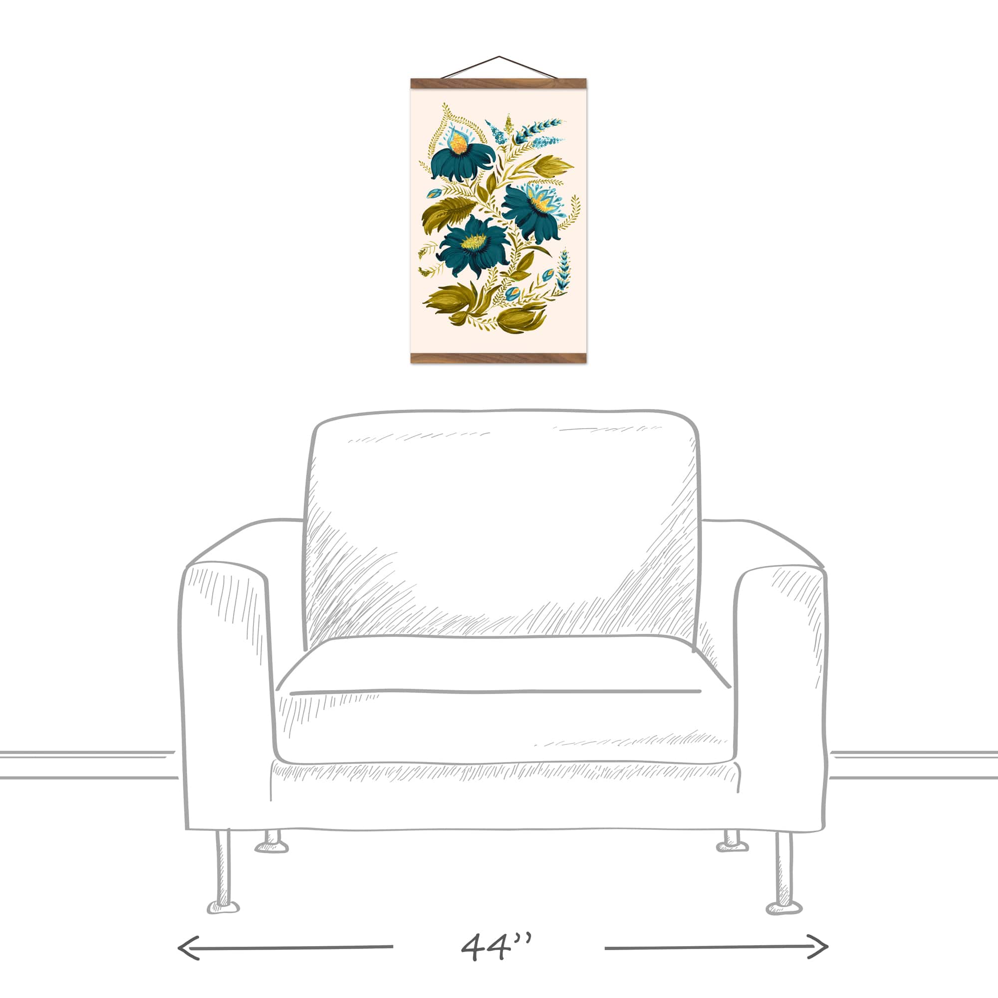 Teal Floral Teak Hanging Canvas Art